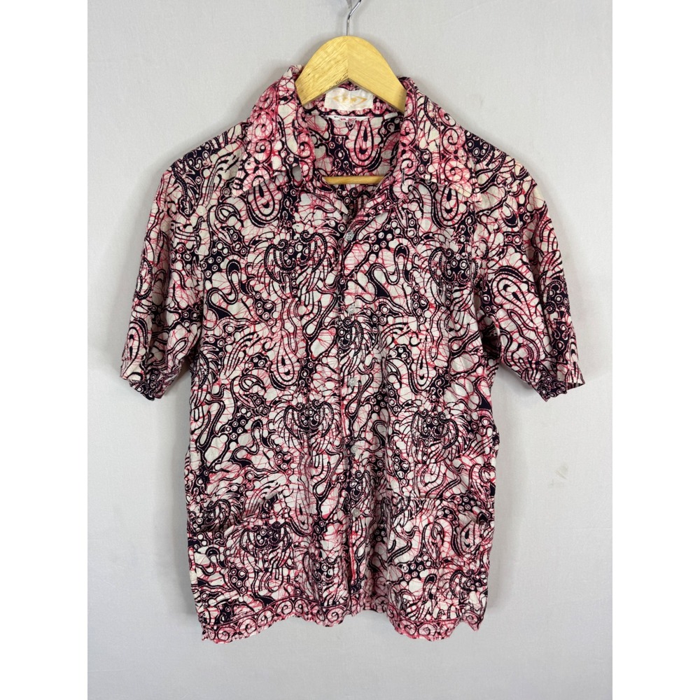 Vintage Java Batik Mens M 70s Red Black Abstract Swirl Short Sleeve Button Down